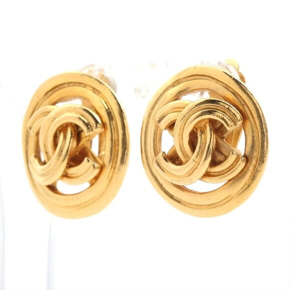 CHANEL 24K Vintage CC Gold Plated Clip-On Round Medallion Logo Earrings 1996 96P - Picture 4 of 16
